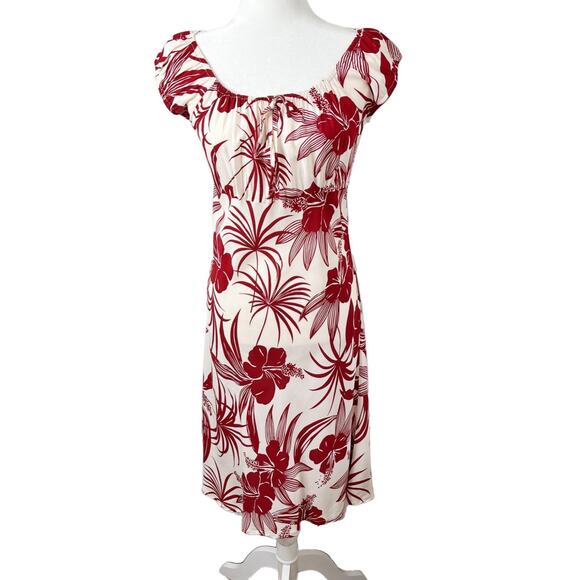 Hibiscus Collection Hawaii Women's VTG Fit & Flare Dress S Red Cream Floral Midi - Picture 1 of 8
